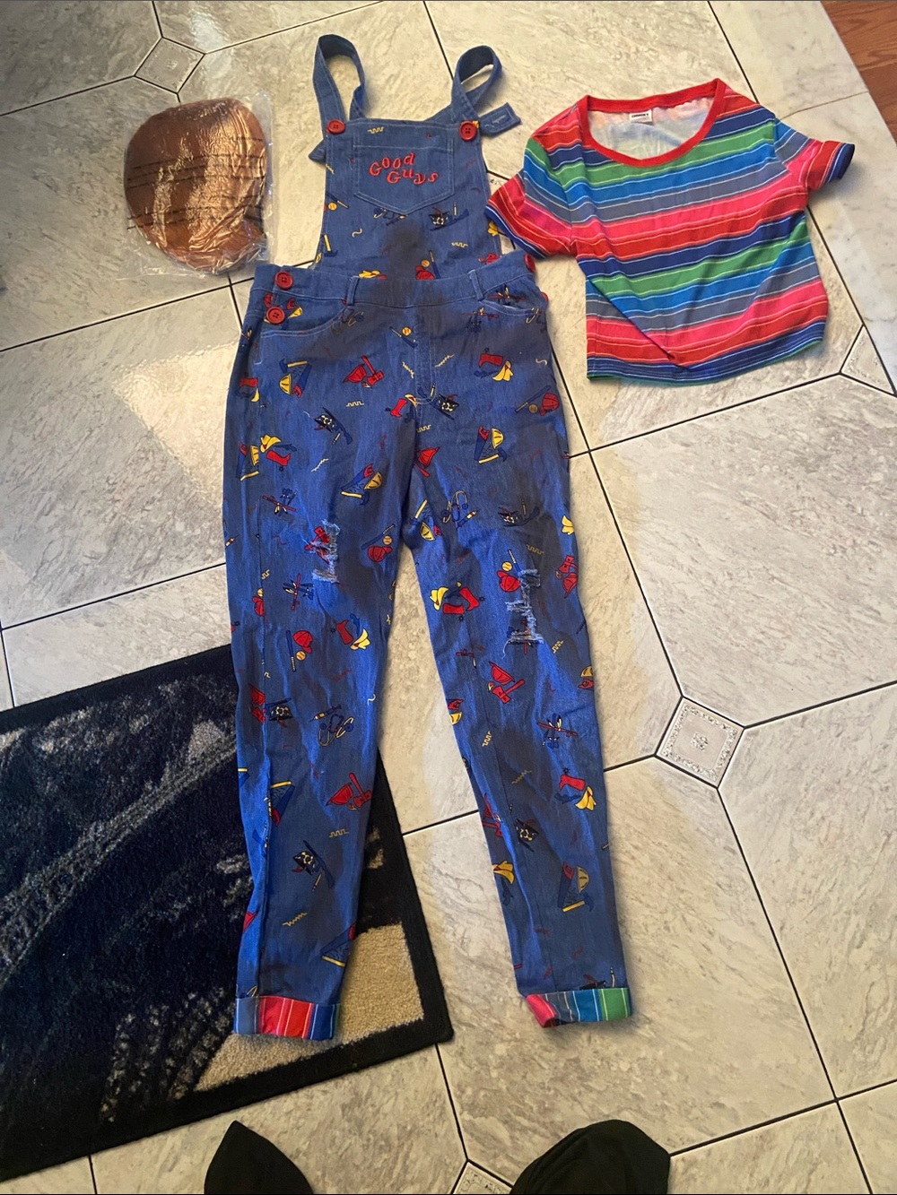 Blue Overalls with Colorful Toy Print Chucky costume shirt and wig no bag